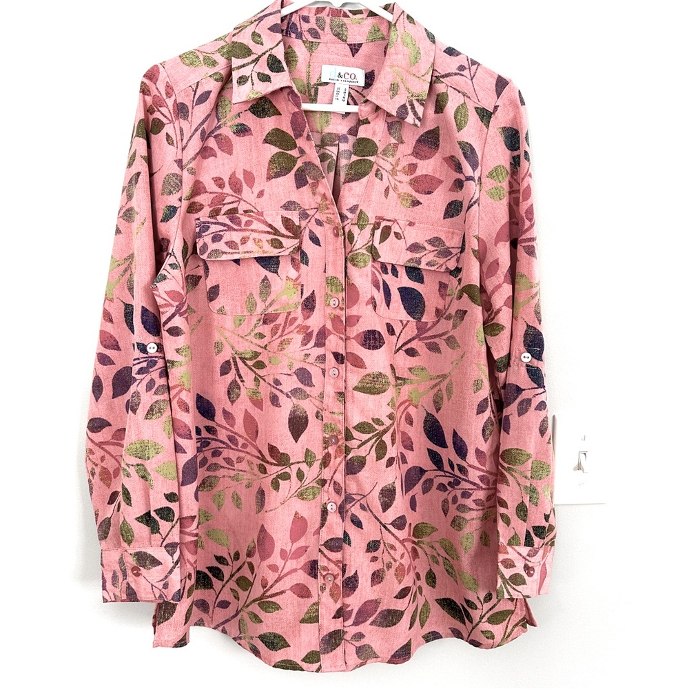 Denim & Co. Printed Woven Button Front Roll Tab Sleeve Tunic, Size S